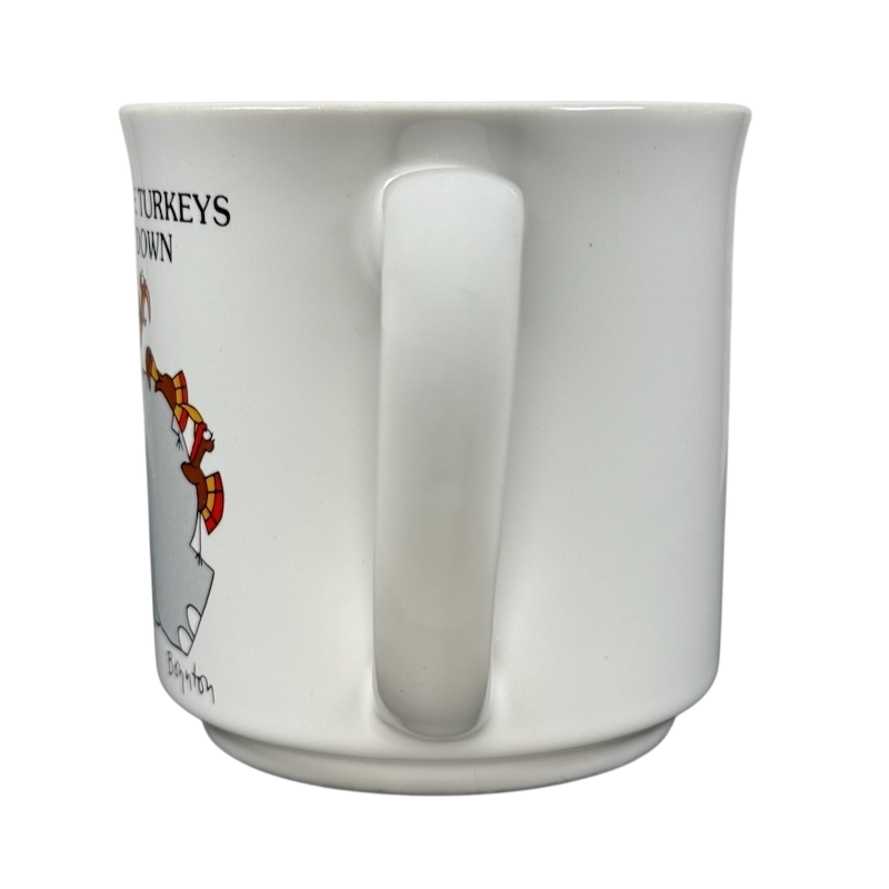 Side view of Sandra Boynton Don't Let The Turkeys Get You Down vintage mug featuring playful turkey design