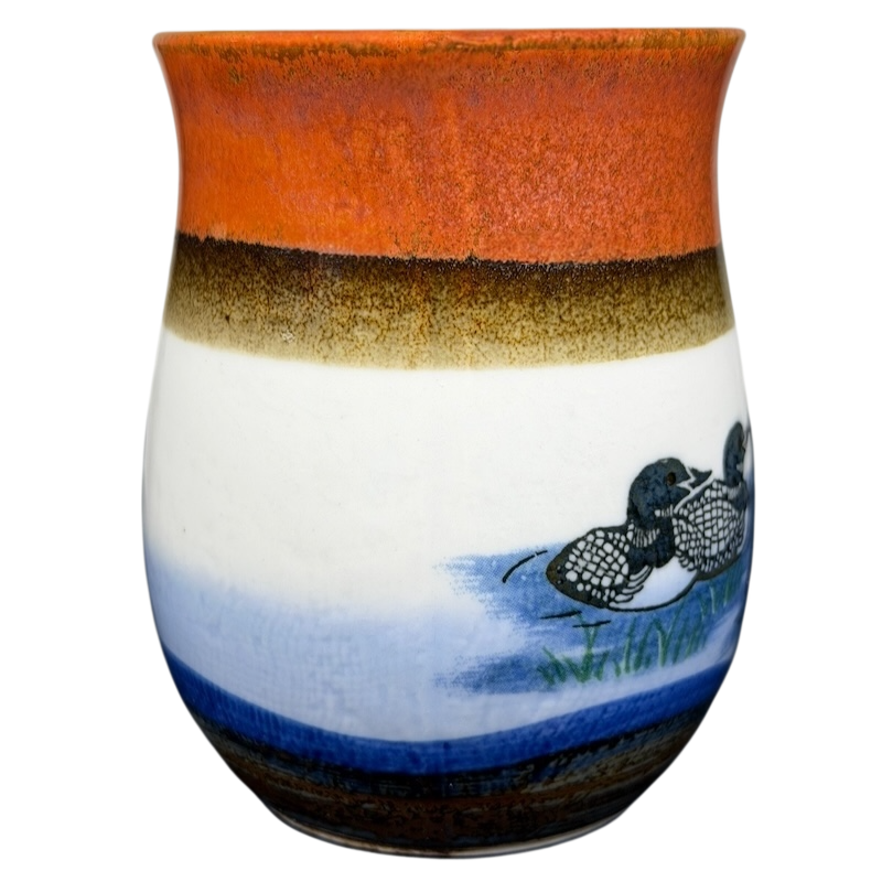Vintage Otagiri loon mug with colorful glaze and detailed loon design