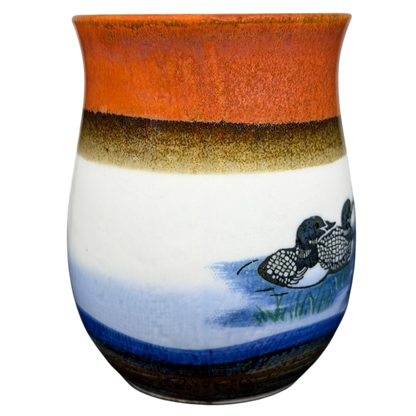 Vintage Otagiri loon mug with colorful glaze and detailed loon design