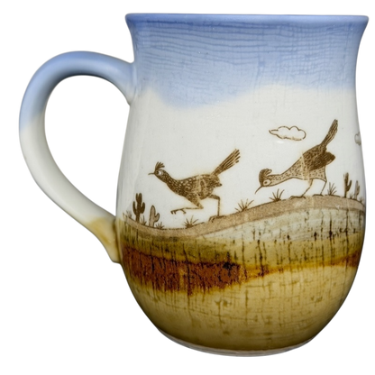 Vintage Otagiri roadrunner mug featuring whimsical bird design and desert landscape