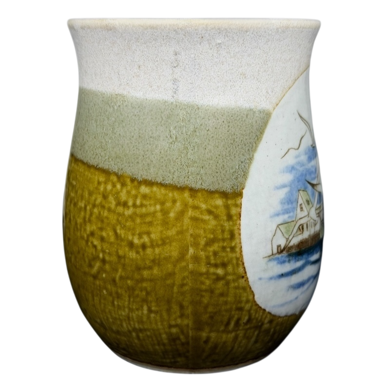 Vintage Otagiri seagull harbor mug with textured design and coastal scene illustration