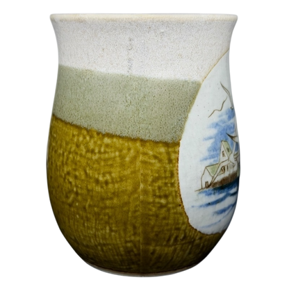 Vintage Otagiri seagull harbor mug with textured design and coastal scene illustration