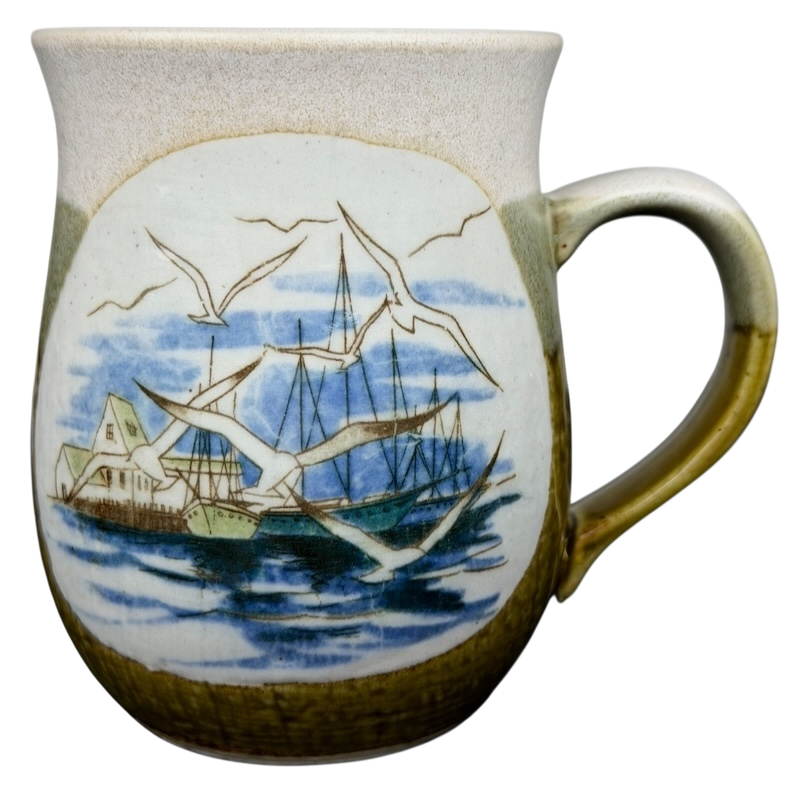 Vintage Otagiri seagull harbor mug featuring a ship and seagulls against a blue sky