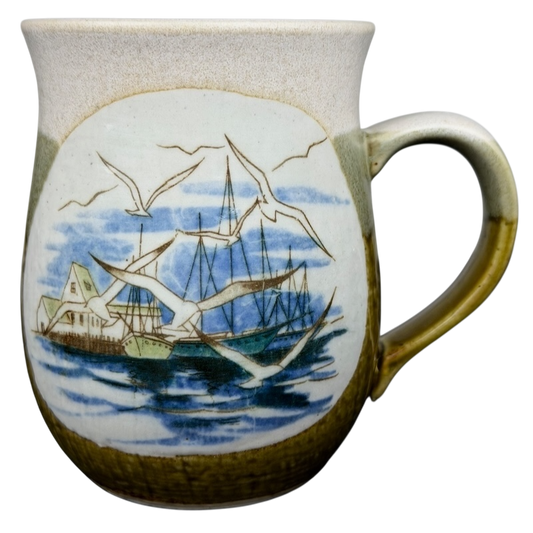 Vintage Otagiri seagull harbor mug featuring a ship and seagulls against a blue sky