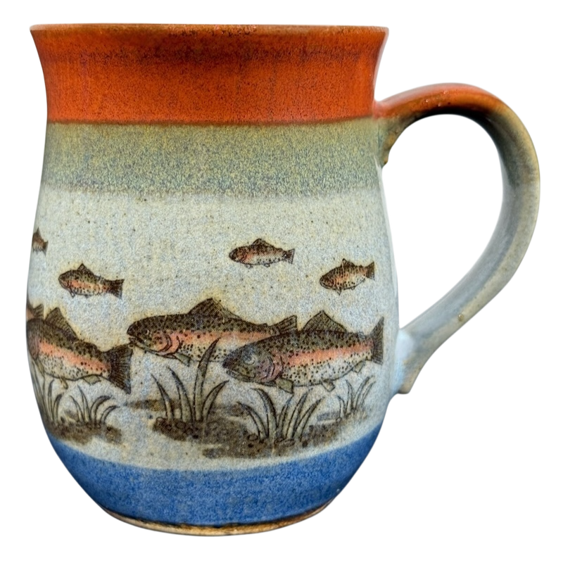 Vintage Otagiri trout tankard mug featuring colorful trout and aquatic design on ceramic