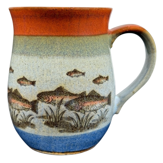 Vintage Otagiri trout tankard mug featuring colorful trout and aquatic design on ceramic