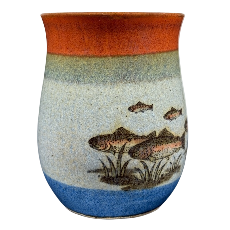 Vintage Otagiri trout tankard mug featuring colorful fish designs and textured ceramic surface