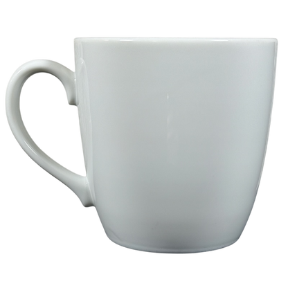 Plain white vintage Peet's Coffee mug gold frame with a classic curved handle on black background