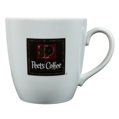White ceramic vintage Peet's Coffee mug gold frame with logo on front and curved handle