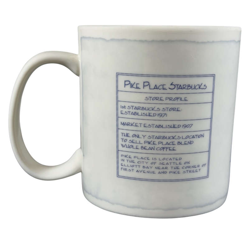 Vintage Pike Place Starbucks mug featuring store profile details and established dates