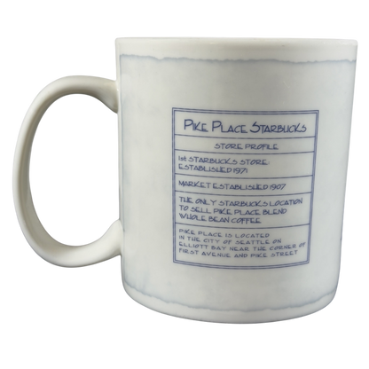 Vintage Pike Place Starbucks mug featuring store profile details and established dates