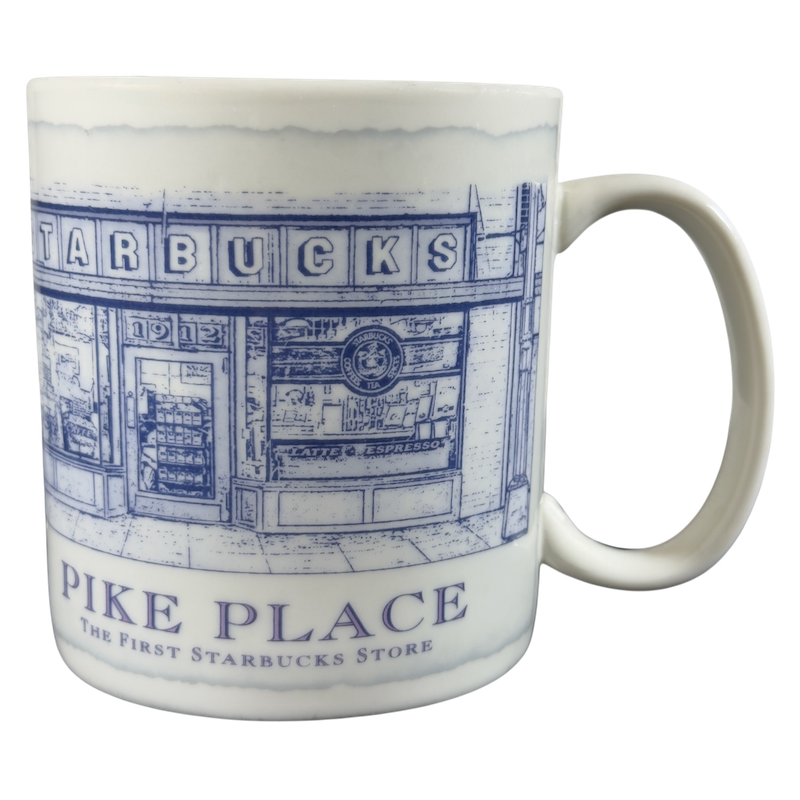 Vintage Pike Place Starbucks mug featuring the iconic first Starbucks store design