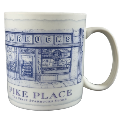 Vintage Pike Place Starbucks mug featuring the iconic first Starbucks store design