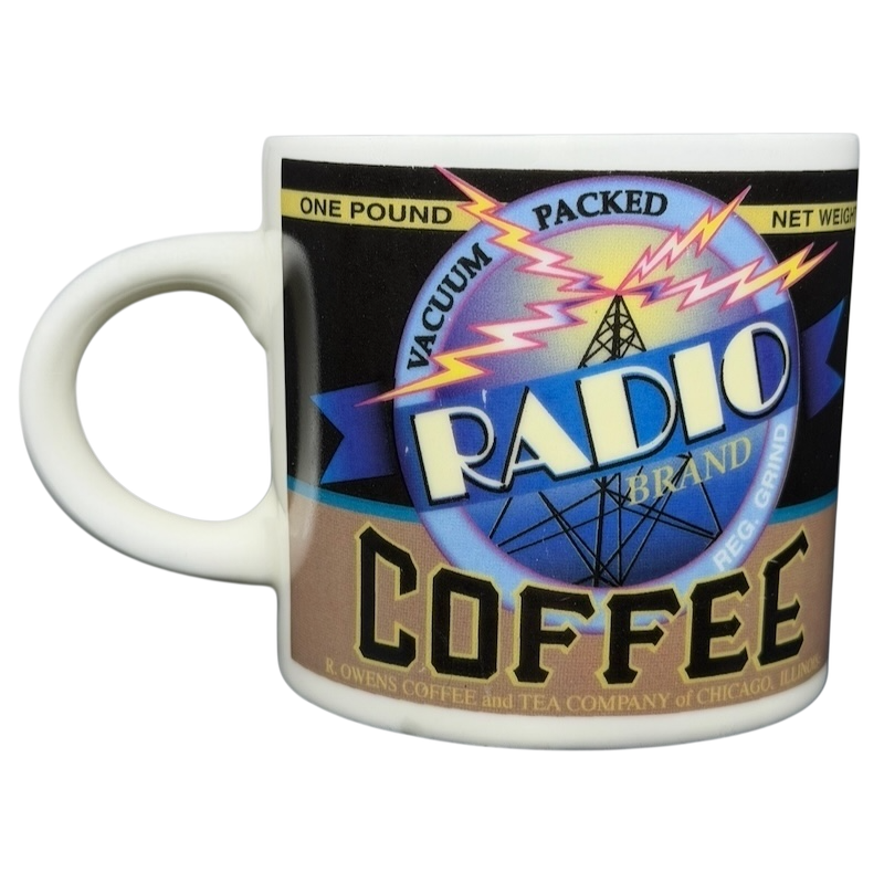 Vintage Radio Brand coffee mug featuring a colorful graphic design and retro logo