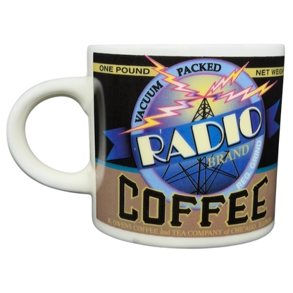 Vintage Radio Brand coffee mug featuring a colorful graphic design and retro logo