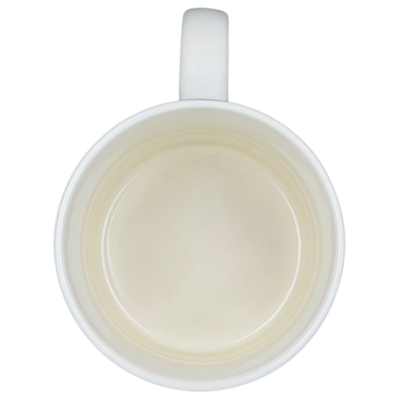 Top view of a white Westwood vintage Radio Brand coffee mug with smooth, glossy finish