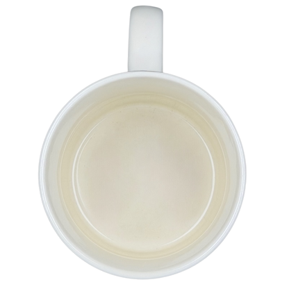 Top view of a white Westwood vintage Radio Brand coffee mug with smooth, glossy finish