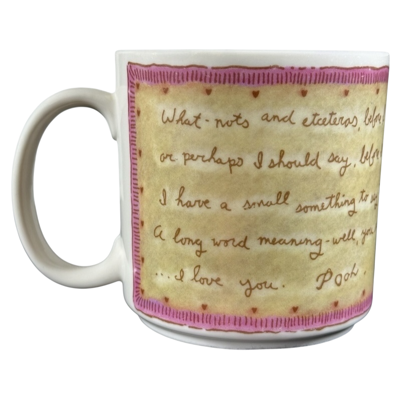 Disney vintage Winnie the Pooh Love Letter mug with handwritten style text and pink border