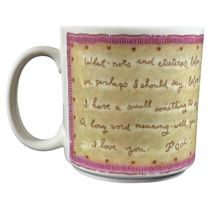 Disney vintage Winnie the Pooh Love Letter mug with handwritten style text and pink border