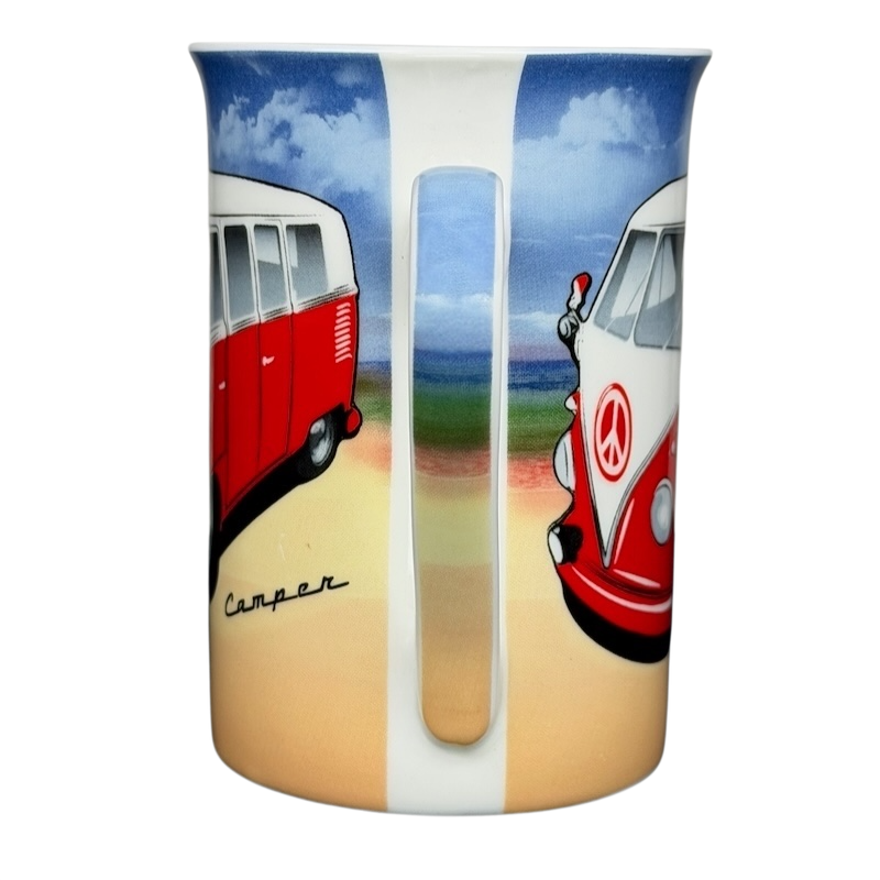 VW Volkswagen Camper Mug Kent Pottery featuring colorful Volkswagen camper vans on a beach scene