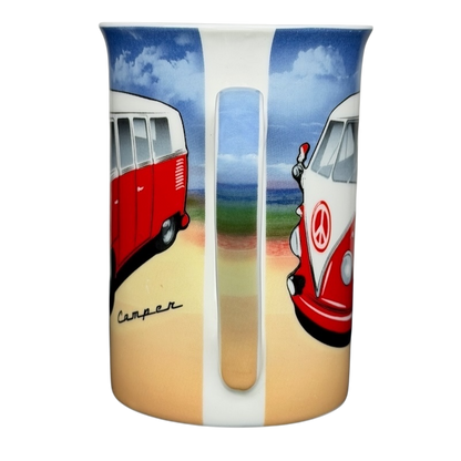 VW Volkswagen Camper Mug Kent Pottery featuring colorful Volkswagen camper vans on a beach scene