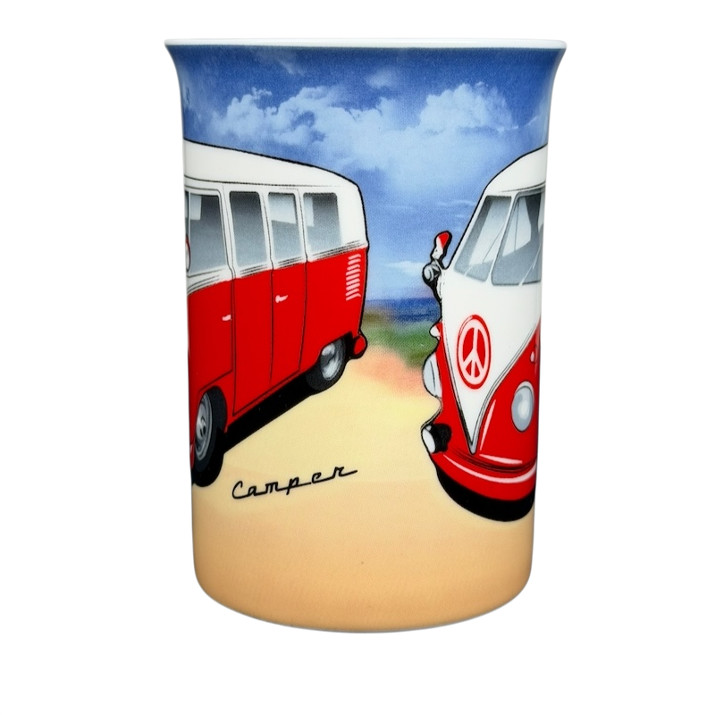 VW Volkswagen Camper Mug Kent Pottery featuring classic red camper vans in a scenic design