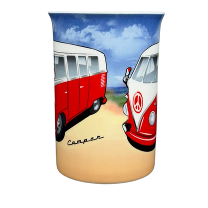 VW Volkswagen Camper Mug Kent Pottery featuring classic red camper vans in a scenic design