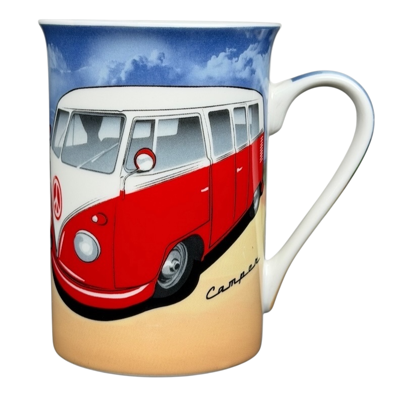 VW Volkswagen Camper Mug Kent Pottery featuring a classic red and white camper van design