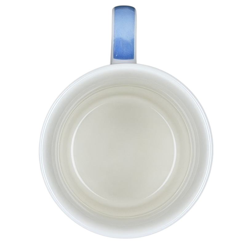 VW Volkswagen Camper Mug Kent Pottery in white with a blue handle, perfect for camping enthusiasts