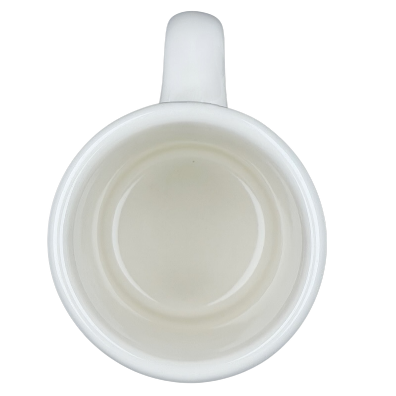 Top view of a white Tuxton ceramic Waffle House vintage coffee mug with a smooth interior