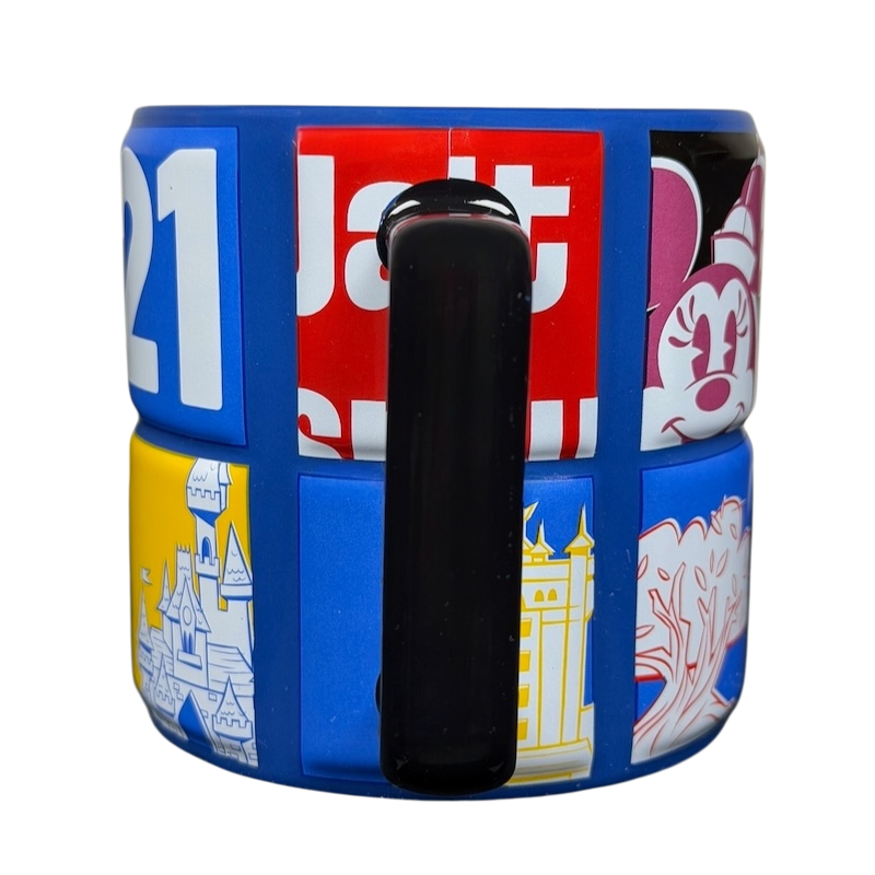 Walt Disney World 2021 Color Block Grid Mug featuring colorful designs of Disney characters and landmarks