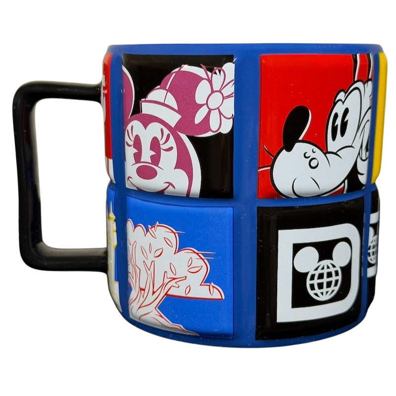 Walt Disney World 2021 Color Block Grid Mug featuring iconic Disney characters and colorful design