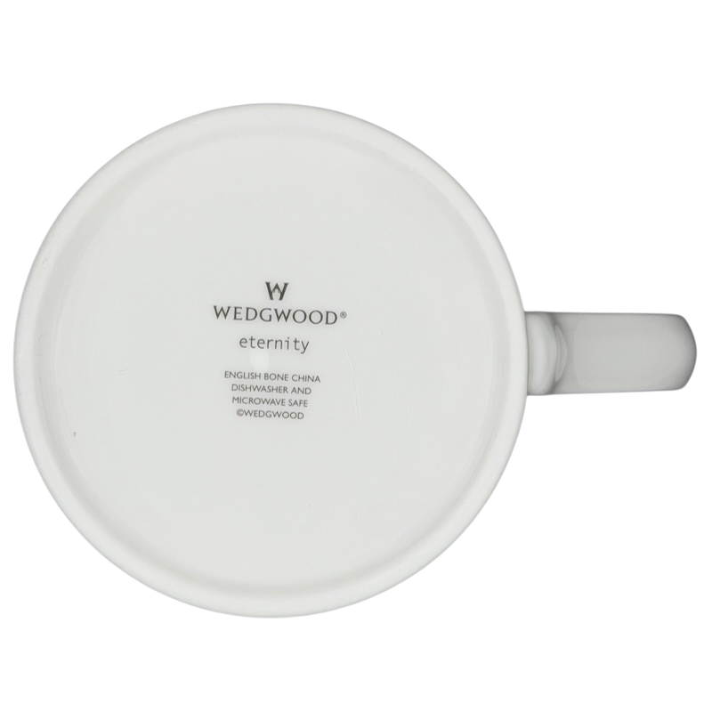 Bottom view of Eternity White Mug Wedgwood with dishwasher and microwave safe details