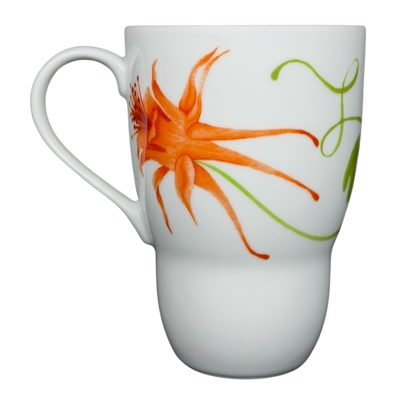 Lyrical Blooms Crysantha vintage Mug featuring a vibrant floral design in orange and green