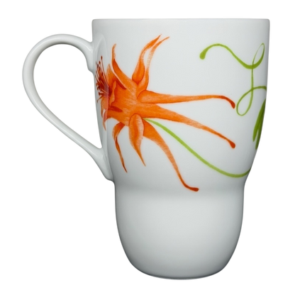 Lyrical Blooms Crysantha vintage Mug featuring a vibrant floral design in orange and green