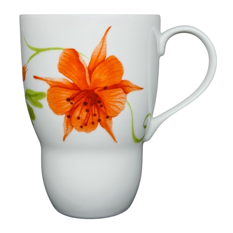 Lyrical Blooms Crysantha vintage Mug featuring vibrant orange floral designs on a white background
