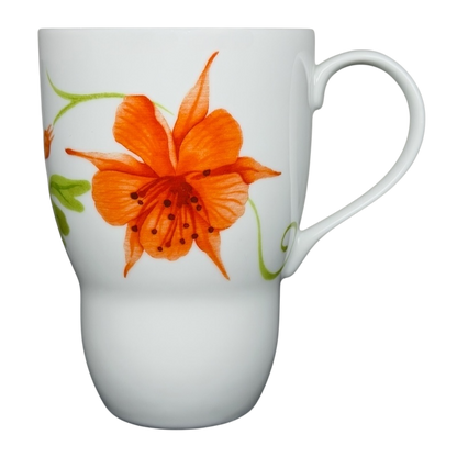 Lyrical Blooms Crysantha vintage Mug featuring vibrant orange floral designs on a white background
