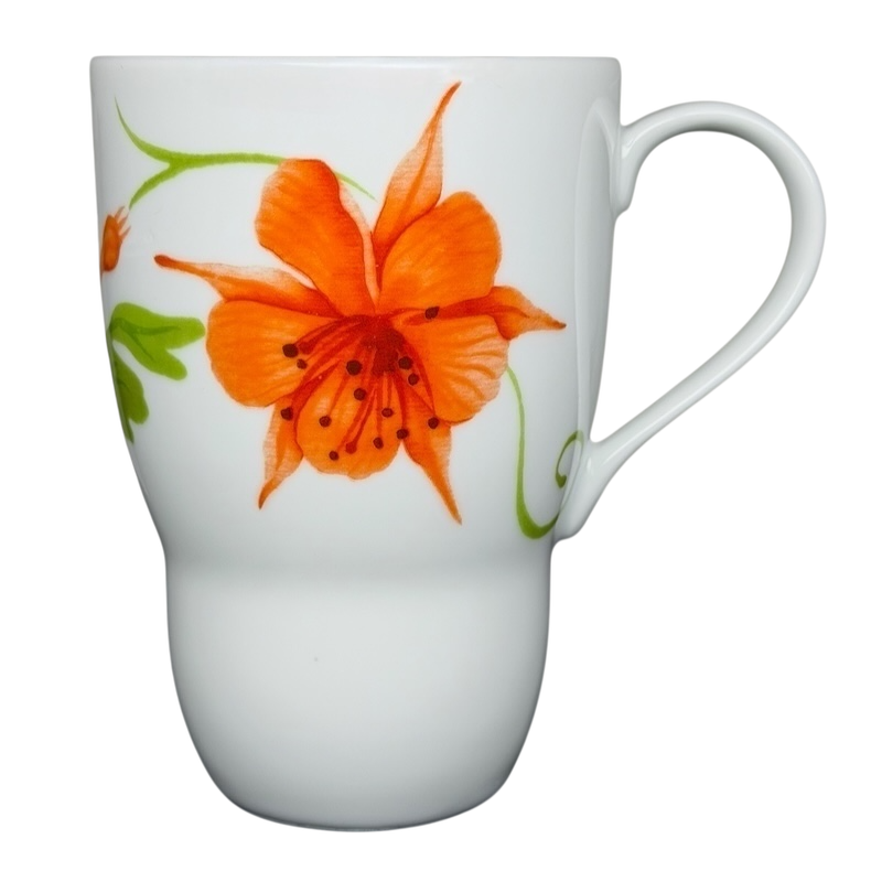 Lyrical Blooms Crysantha vintage Mug featuring vibrant orange floral design on a classic white background