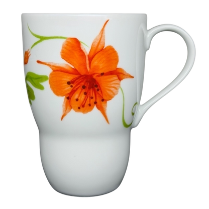 Lyrical Blooms Crysantha vintage Mug featuring vibrant orange floral design on a classic white background