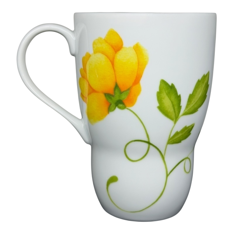 Lyrical Blooms English Rose vintage Mug featuring a yellow flower and green leaves design