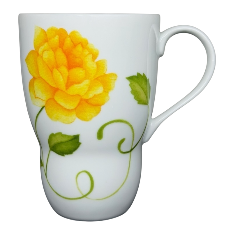 Lyrical Blooms English Rose vintage Mug featuring a vibrant yellow rose design on a white background