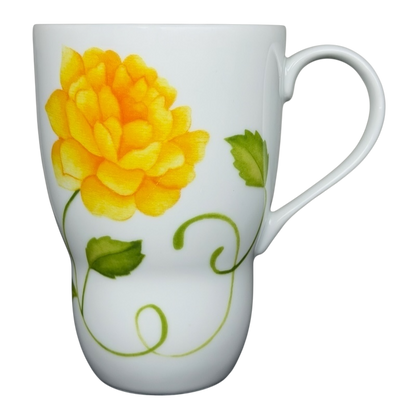 Lyrical Blooms English Rose vintage Mug featuring a vibrant yellow rose design on a white background