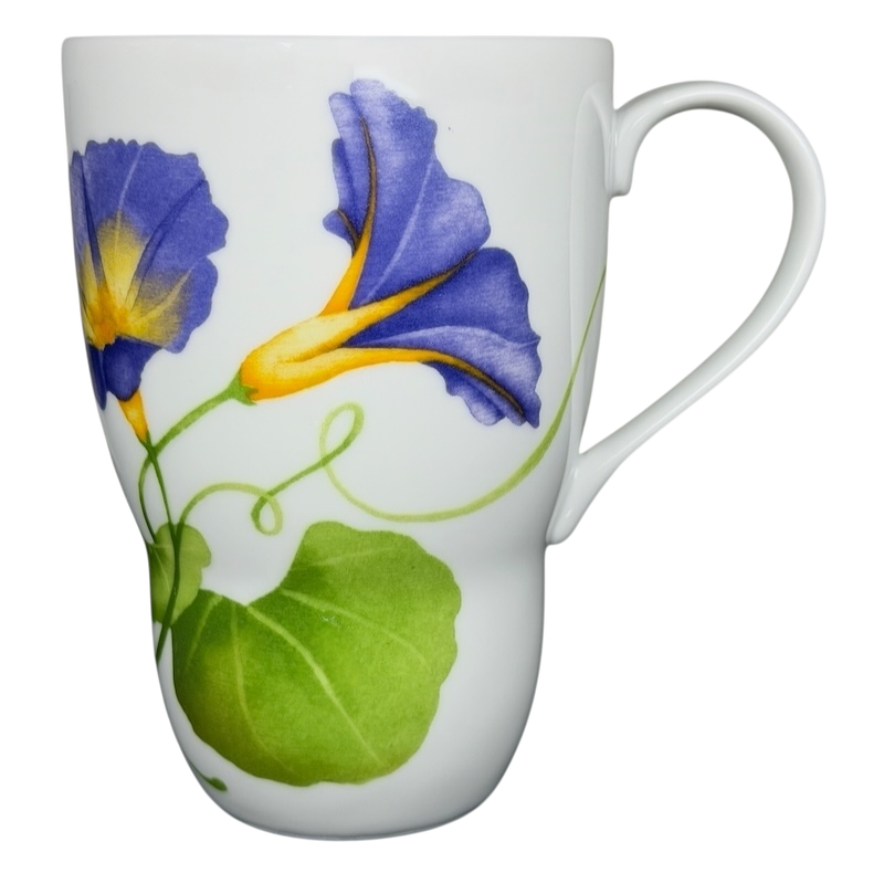 Lyrical Blooms Morning Glories vintage Mug featuring vibrant floral design with blue flowers and green leaves