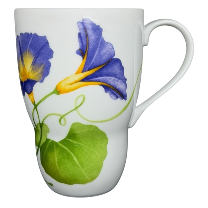 Lyrical Blooms Morning Glories vintage Mug featuring vibrant floral design with blue flowers and green leaves