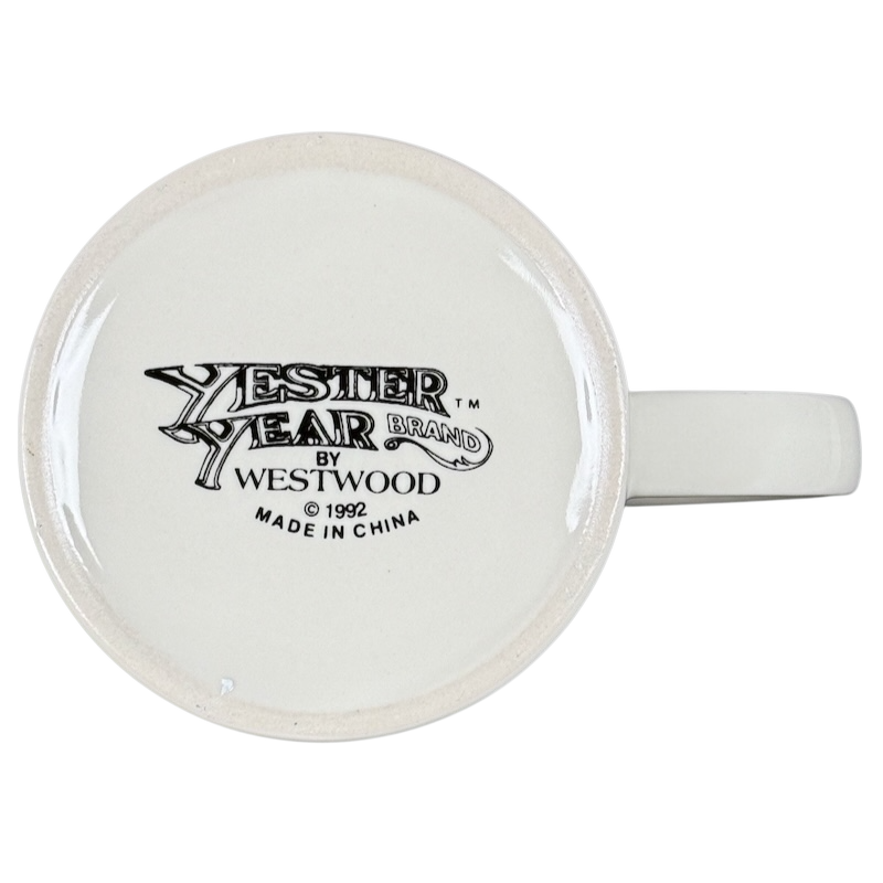 Kasper's Yester Year vintage coffee mug showing white ceramic base stamp by Westwood 1992 with handle