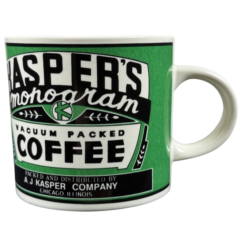 Green ceramic mug displaying vintage Kasper's coffee label design by Westwood Kasper's Yester Year vintage coffee mug