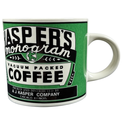 Green ceramic mug displaying vintage Kasper's coffee label design by Westwood Kasper's Yester Year vintage coffee mug