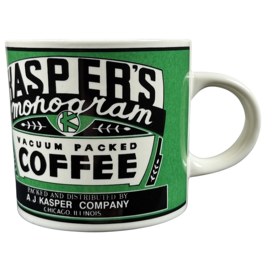 Green ceramic mug displaying vintage Kasper's coffee label design by Westwood Kasper's Yester Year vintage coffee mug