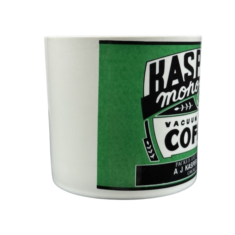 Westwood Kasper's Yester Year vintage coffee mug white ceramic with green retro label side view