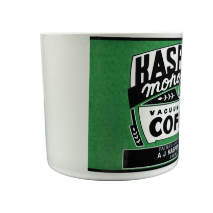 Westwood Kasper's Yester Year vintage coffee mug white ceramic with green retro label side view